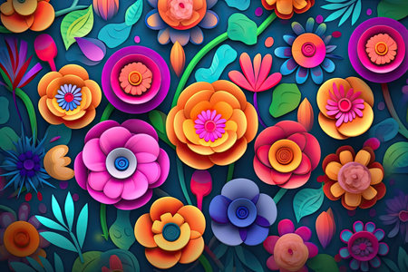 Colorful Spring Flowers Whimsical Wall Mockup, Generative AIの素材
