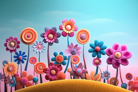 Colorful Spring Flowers Whimsical Wall Mockup, Generative AIの素材