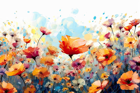 Colorful Spring Flowers Whimsical Wall Mockup, Generative AIの素材