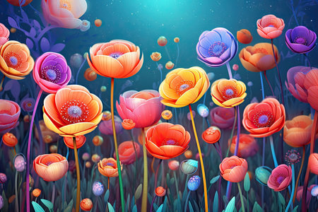Colorful Spring Flowers Whimsical Wall Mockup, Generative AIの素材