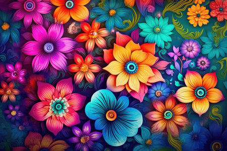 Colorful Spring Flowers Whimsical Wall Mockup, Generative AIの素材