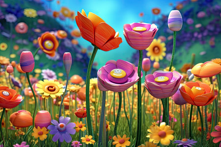 Colorful Spring Flowers Whimsical Wall Mockup, Generative AIの素材
