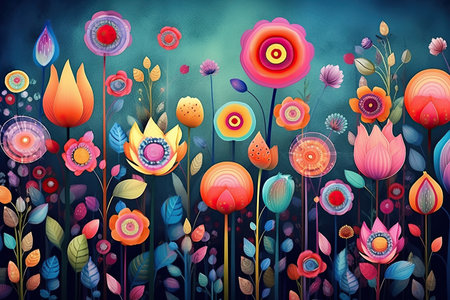 Colorful Spring Flowers Whimsical Wall Mockup, Generative AIの素材
