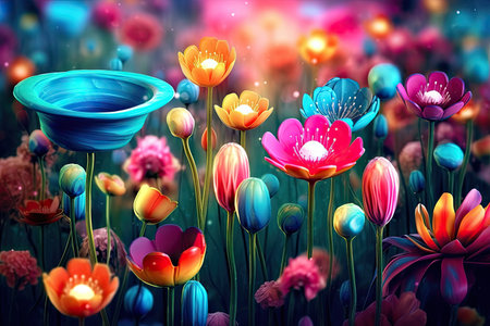 Colorful Spring Flowers Whimsical Wall Mockup, Generative AIの素材