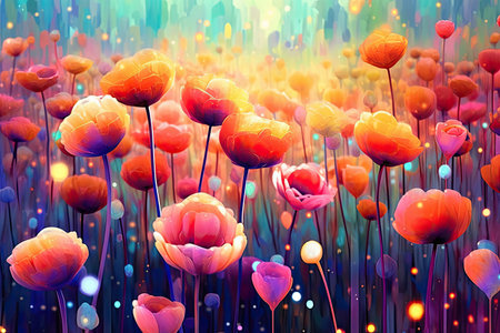 Colorful Spring Flowers Whimsical Wall Mockup, Generative AIの素材