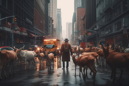 Closeup Retro wild Animals in City on Roads of NYC, Generative AIの素材