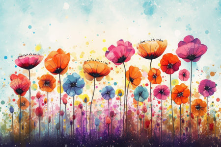 Colorful Spring Flowers Whimsical Wall Mockup, Generative AIの素材