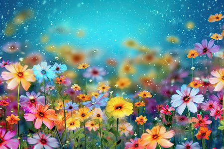 Colorful Spring Flowers Whimsical Wall Mockup, Generative AIの素材