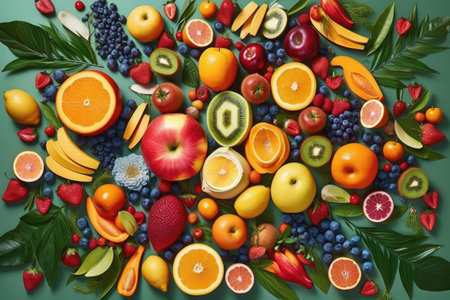 Creative flat lay composition of various fruits, Generative AIの素材