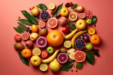 Creative flat lay composition of various fruits, Generative AIの素材