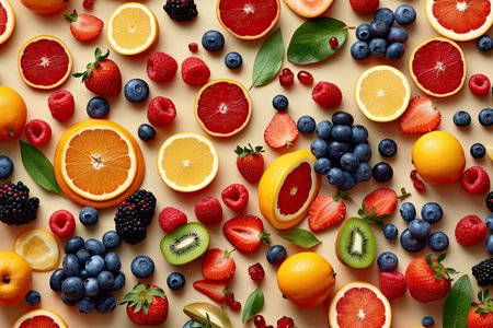 Creative flat lay composition of various fruits, Generative AIの素材