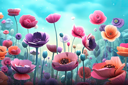Colorful Spring Flowers Whimsical Wall Mockup, Generative AIの素材