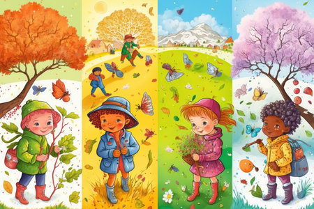Cute children illustration of four Seasons, Generative AIの素材