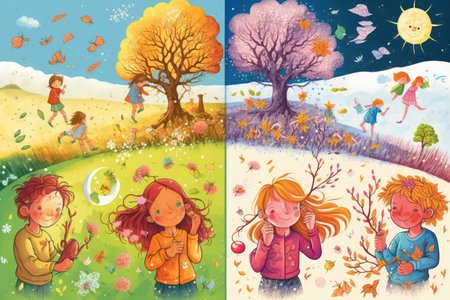 Cute children illustration of four Seasons, Generative AIの素材