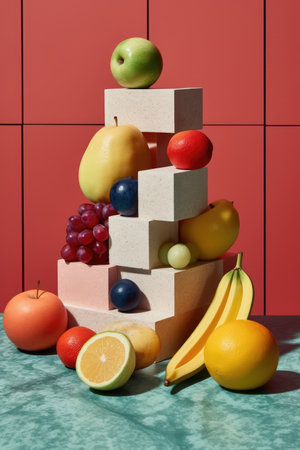 Creative flat lay composition of various fruits, Generative AIの素材