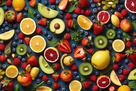 Creative flat lay composition of various fruits, Generative AIの素材