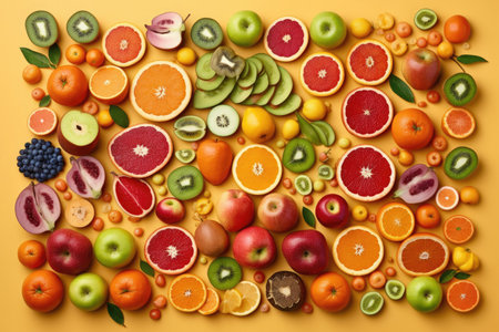 Creative flat lay composition of various fruits, Generative AIの素材