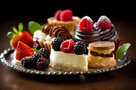 Desserts including chocolate, raspberries, Generative AIの素材