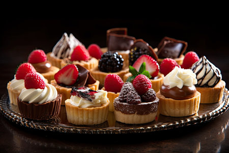 Desserts including chocolate, raspberries, Generative AIの素材
