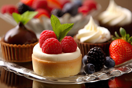 Desserts including chocolate, raspberries, Generative AIの素材