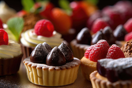 Desserts including chocolate, raspberries, Generative AIの素材