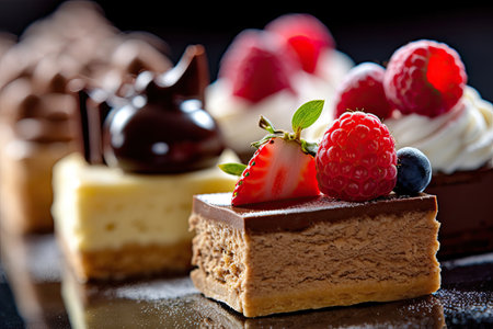 Desserts including chocolate, raspberries, Generative AIの素材