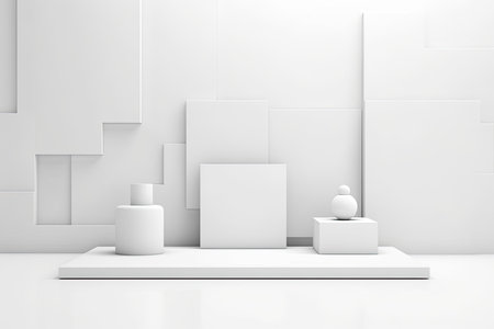 3d render of abstract minimal geometric forms. Glossy white podium for product presentation.の素材