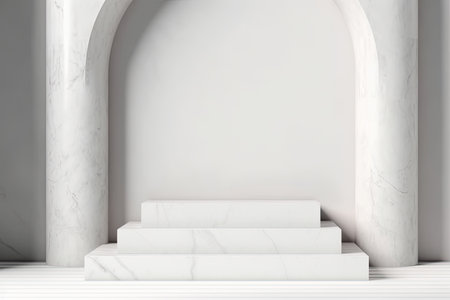 Minimalist white marble podium with arch and marble texture. 3D renderingの素材