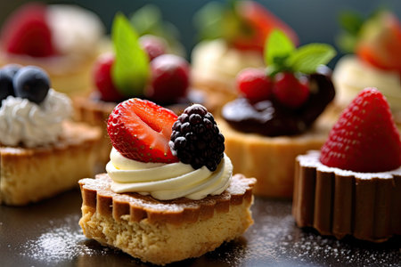 Desserts including chocolate, raspberries, Generative AIの素材