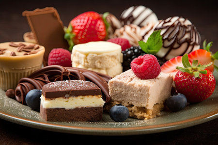 Desserts including chocolate, raspberries, Generative AIの素材