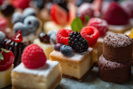 Desserts including chocolate, raspberries, Generative AIの素材