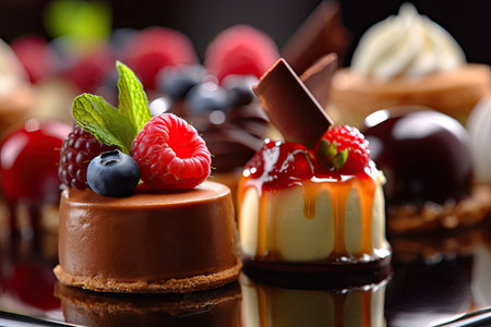 Desserts including chocolate, raspberries, Generative AIの素材