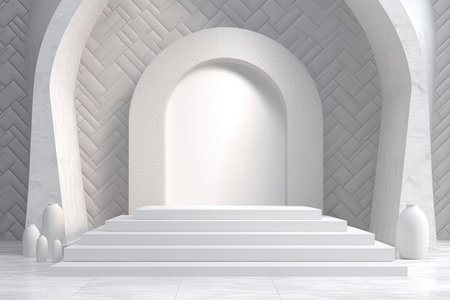 3d rendering of white marble podium with arch in modern interior.の素材