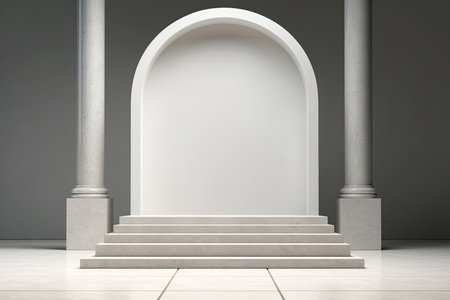 3D rendering of a white arch in a room with columns.の素材