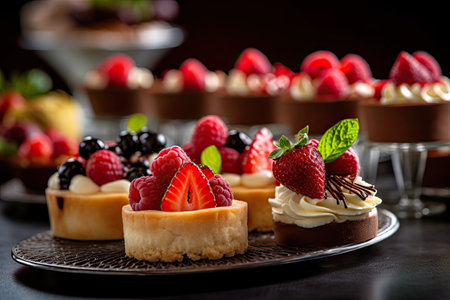 Desserts including chocolate, raspberries, Generative AIの素材