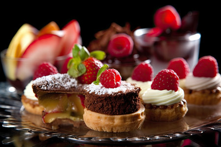 Desserts including chocolate, raspberries, Generative AIの素材