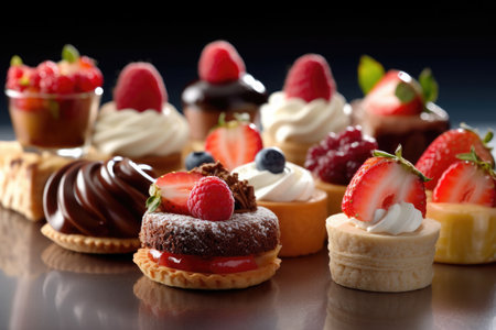 Desserts including chocolate, raspberries, Generative AIの素材