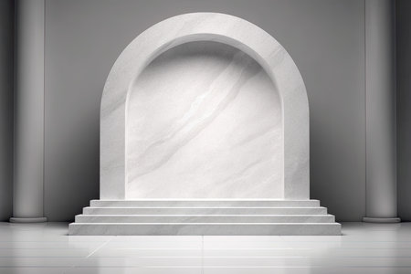 White marble stairs with arch on grey wall background. 3D renderingの素材