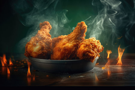 Flying elements of fried chicken with tomatoes and parsley, Generative AIの素材