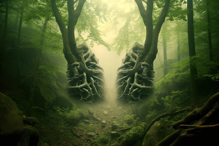 Forest trees in shape of Lungs Pair, Climate Change Concept art, Gnerative AIの素材
