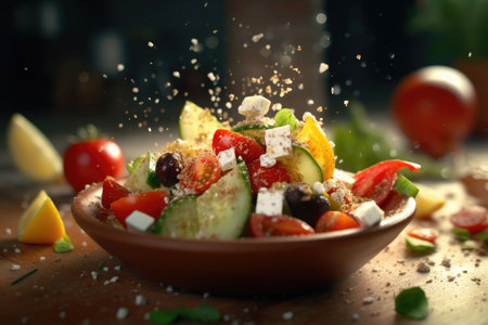 Greek Salad flying ingredients creative dramatic light Generative AIの素材