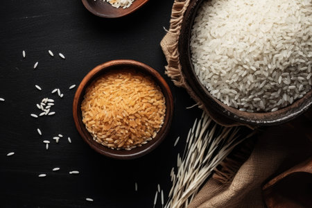 Grain sprinkled flour sits on a table next to a bowl of wheat and a bowl of oatsの素材
