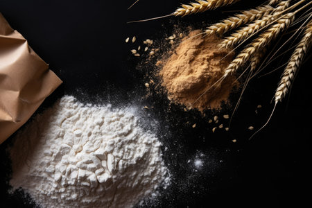 Grain sprinkled flour sits on a table next to a bowl of wheat and a bowl of oatsの素材