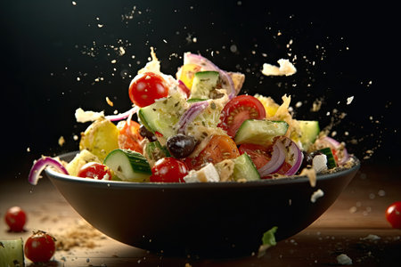 Greek Salad flying ingredients creative dramatic light Generative AIの素材
