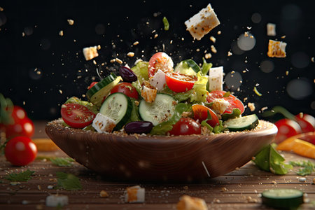 Greek Salad flying ingredients creative dramatic light Generative AIの素材