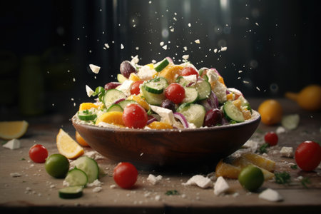 Greek Salad flying ingredients creative dramatic light Generative AIの素材