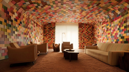 Interior room with a rainbow wallart and ceilingの素材