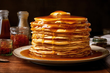 A stack of pancakes with syrup and butter on top Generative AIの素材