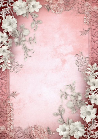 Lace embroidery vintage border background with flowers, Generative AIの素材