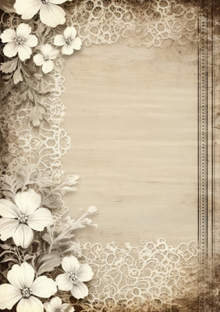 Lace embroidery vintage border background with flowers, Generative AIの素材